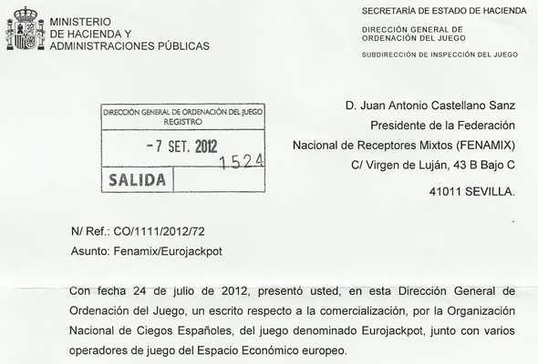 LA DIRECCIÓN GENERAL DE ORDENACIÓN DEL JUEGO TRASLADA LA DENUNCIA DE FENAMIX CONTRA LA ONCE Y LA UTE LOGISTA-GTECH AL CONSEJO DEL PROTECTORADO DE LA ONCE, POR PRESUNTA INFRACCIÓN EN LA COMERCIALIZACIÓN DE EUROJACKPOT.