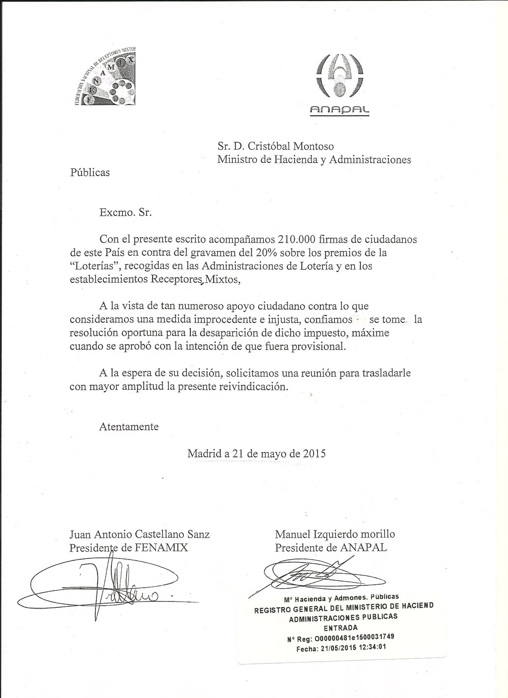 FENAMIX Y ANAPAL ENTREGAN EN EL MINISTERIO DE HACIENDA 210 