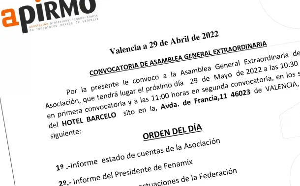 Convocatoria de la Asamblea General de Valencia - APIRMO
