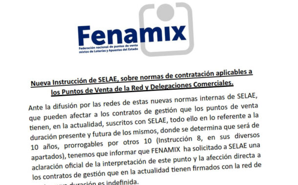Nueva Instrucción de SELAE, sobre normas de contratación aplicables a los Puntos de Venta de la Red y Delegaciones Comerciales.