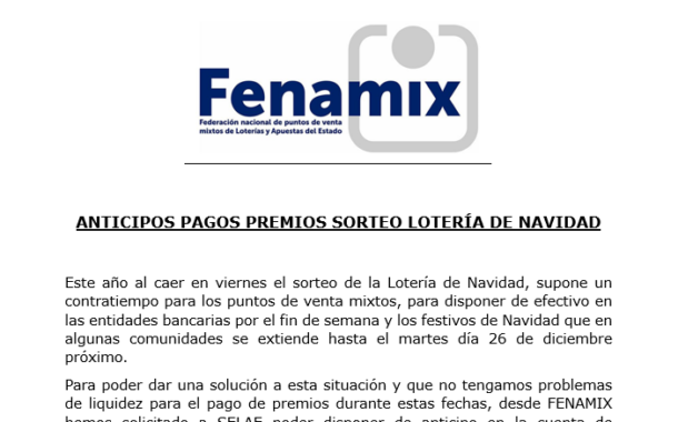 ANTICIPOS PAGOS PREMIOS SORTEO LOTERÍA DE NAVIDAD