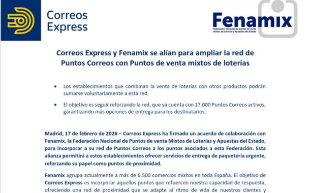 Correos Express y Fenamix se alían para ampliar la red de Puntos Correos con Puntos de venta mixtos de loterías